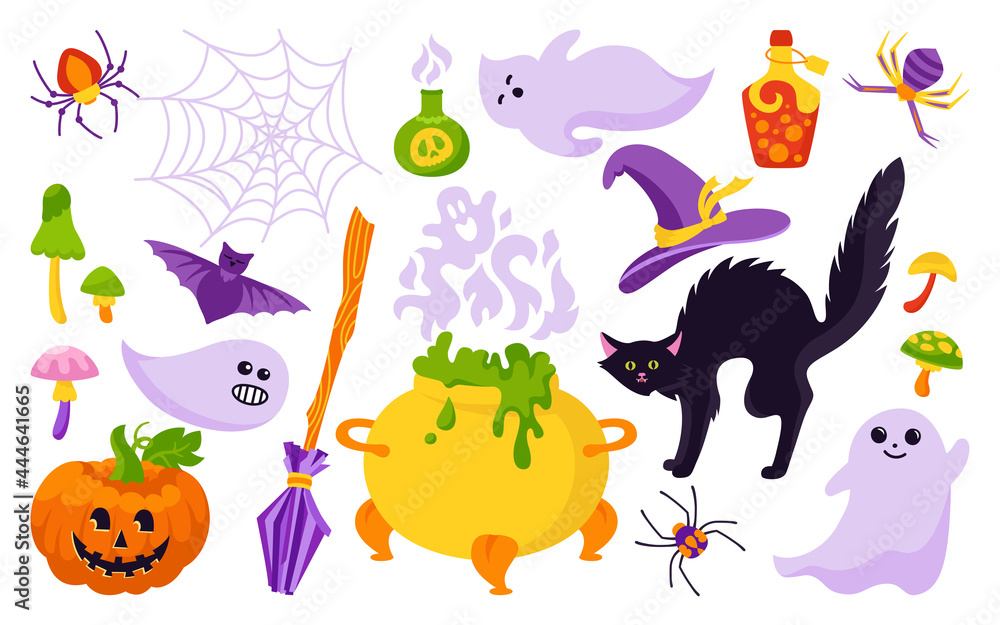 Halloween holiday symbolic element cartoon set. Black cat, pumpkin, hat spider web colorful flat design. Magic hag cauldron bat, toxic mushroom, wizard broom, potion poison bottle. Vector illustration