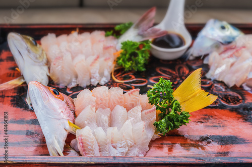 japanese food background of white fish or red snapper raw sashimi
