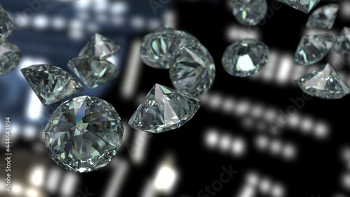 Shiny Diamonds falling on black-blue lighting under space ship background. 3D illustration. 3D CG. High resolution.