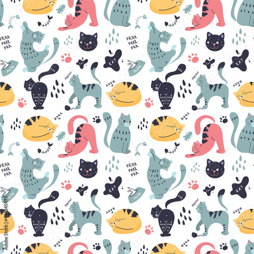 Seamless pattern with cats in different poses and different colors. Print for textiles, children's clothing.