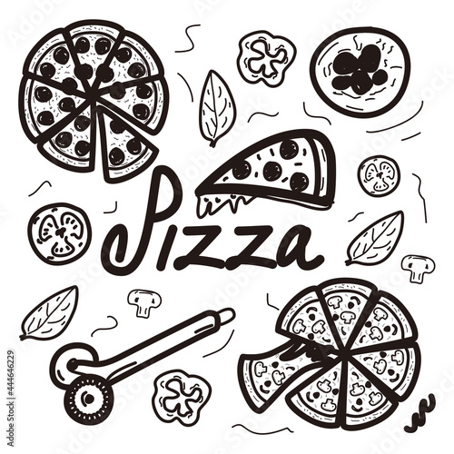 Outline pizza slices, whole pizza. Vector simple Doodle style