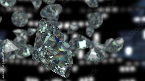 Shiny Diamonds falling on black-blue lighting under space ship background. 3D illustration. 3D CG. High resolution.