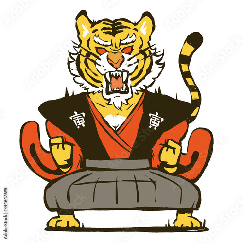 和装で吠えているホワイトタイガー　寅年　年賀状