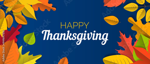 happy thanksgiving day greeting card  with autumn leaves on blue background vector illustration