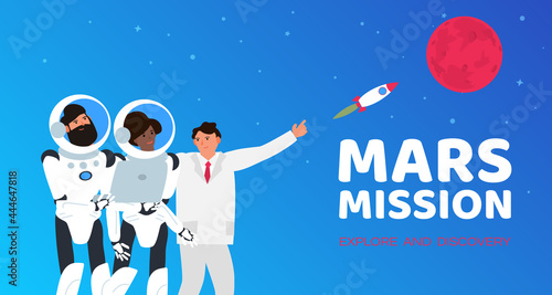 scientist showing to astronauts man and woman with laptop mars mission concept space tourism vector illustration