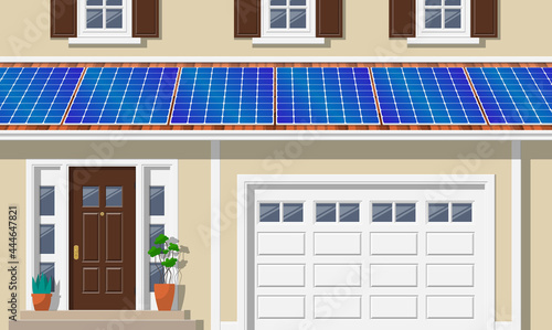 solar panel on the roof modern house facade with garage and entrance door alternative energy vector illustration