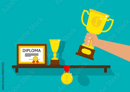 man hand put trophy cup on the shelf with medal diploma awards and rewards  vector illustration