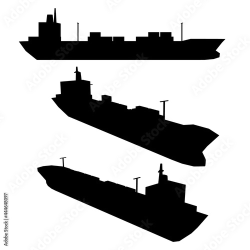 Set with silhouettes of the ship in various positions isolated on white background. Vector illustration