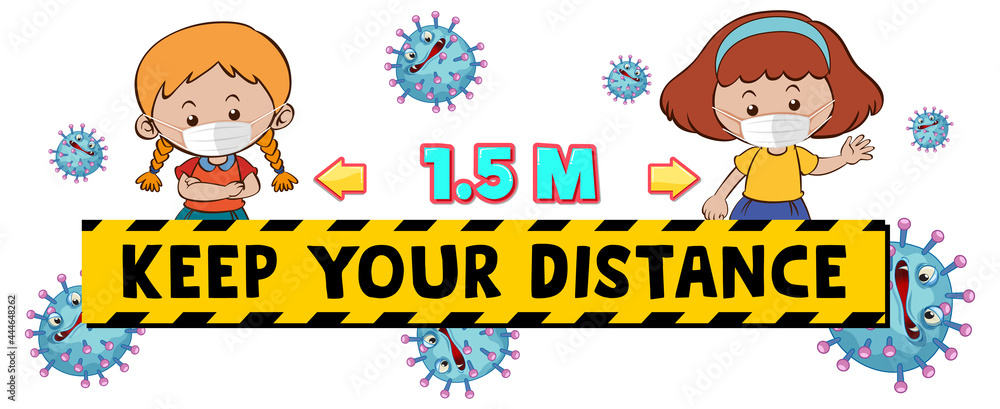 Fototapeta premium Keep your distance font design with two kids keeping social distance isolated on white background