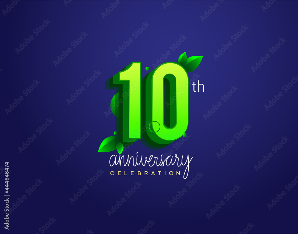 10th anniversary logotype with leaf and green colored, isolated on blue background.