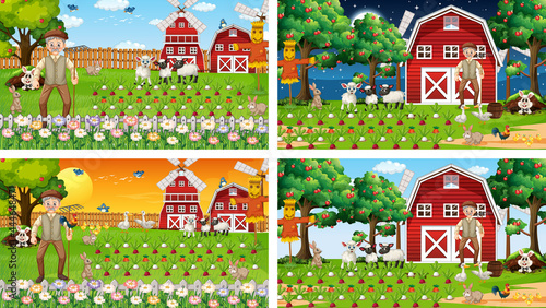 Different farm scenes with old farmer and animal cartoon character