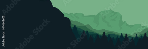 green nature mountain landscape flat design vector illustration for background, wallpaper, backdrop, design template, tourism design template and wallpaper design template