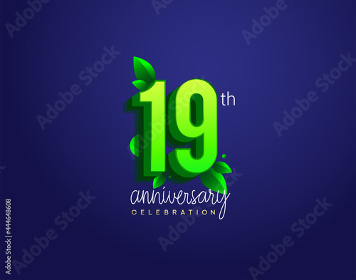 19th anniversary logotype with leaf and green colored, isolated on blue background.