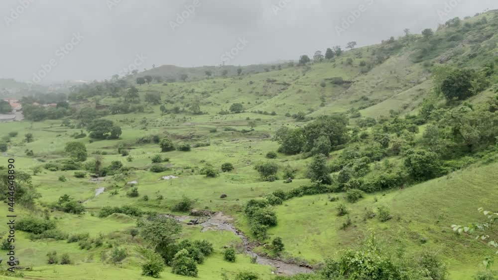 Panoramic View Of A Stream Surrounded With Green Landscape In Brahmagiri In Western Ghats Of South India. descending drone shot