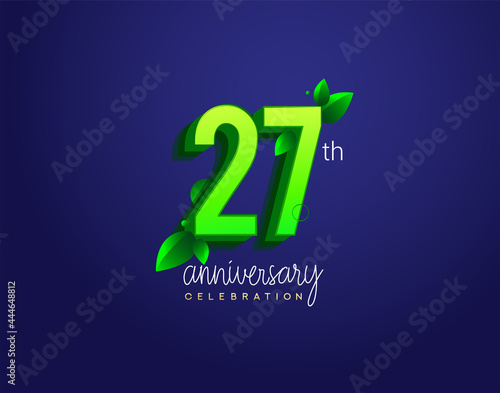 27th anniversary logotype with leaf and green colored, isolated on blue background.
