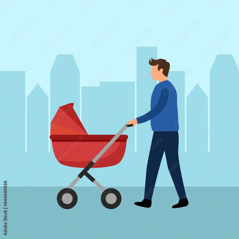 Father walking with newborn child in a pram in flat design. Young parent walking outdoor with baby in red stroller. Father walking with newborn child in a pram in flat design. Young parent walking outdoor with baby in red stroller.