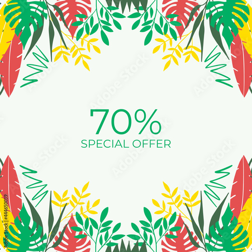 Fashion sale banner or square flyer for social media post template with summer concept, floral decoration, leaves, flower, foliage line art. Can be use for banner, flier, poster, greeting card