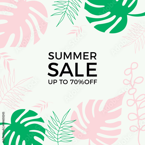Summer shopping event illustration. Instagram template tropical. Beautiful soft floral and leaves wedding invitation card, name card, greeting card, summer sale banner and much more