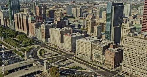 Chicago Illinois birds eye aerial panning over Grant Park with views of South Loop and New Eastside - 6k footage - August 2020 photo