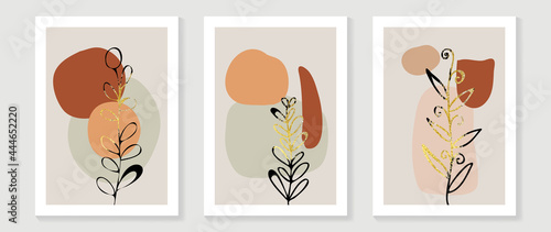 Botanical wall art vector set. Golden foliage line art drawing with watercolor.  Abstract Plant Art design for wall framed prints, canvas prints, poster, home decor, cover, wallpaper.