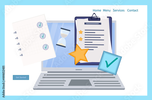 Survey form online or check list. Choose a digital test, exam, questionnaire or quiz. Question, answer selected and check mark on a laptop screen, remotely. Result of a survey form, schedule. Vector