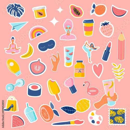 a set of vector stickers on the theme of summer, lifestyle, beauty and cosmetics - fruits, food, cosmetics, yoga and creativity. cute illustrations in flat style