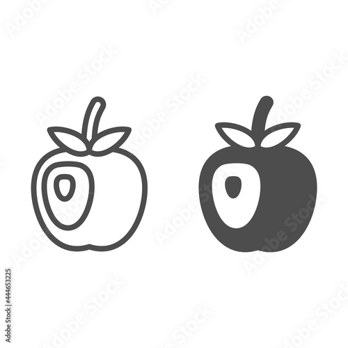 Aplle with bone line and solid icon, fruits and berries concept, bitten off apple with seed vector sign on white background, outline style icon for mobile concept and web design. Vector graphics.