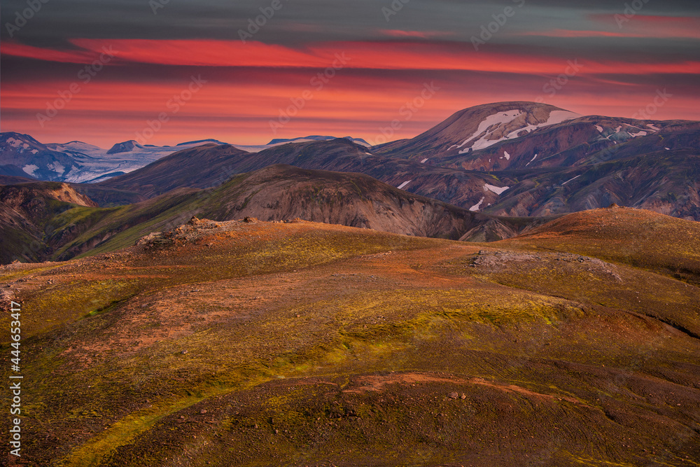 Landscape view of Landmannalaugar colorful mountains and glacier, Iceland Landscape view of Landmannalaugar colorful mountains and glacier, Iceland