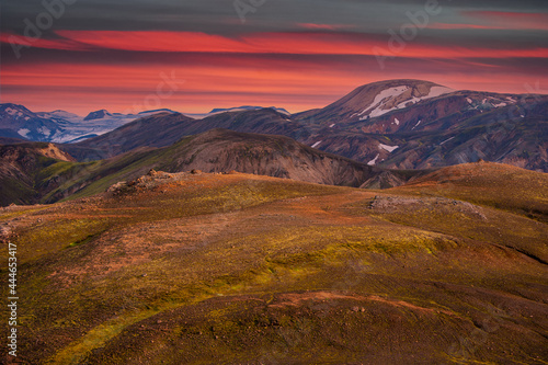 Landscape view of Landmannalaugar colorful mountains and glacier, Iceland