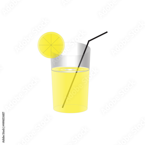 Natural fresh orange juice in a glass. Orange slice, tube for drinking. Healthy organic food. Citrus fruit. Vector illustration flat design.