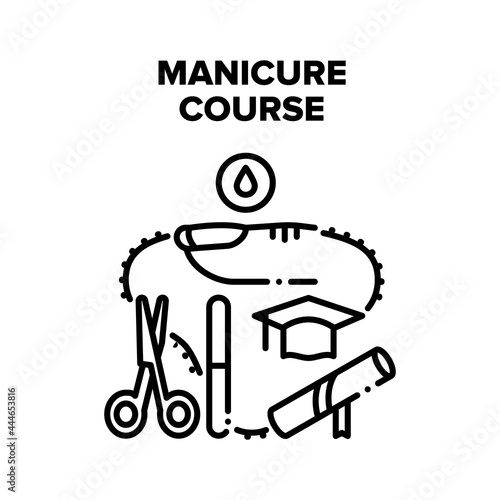 Manicure Course Vector Icon Concept. Manicure Course For Educate Working With Beauty Salon Accessories For Cut And Paint With Varnish Finger Nails. Manicurist Education Black Illustration
