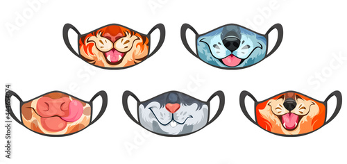 Medic masks with animal muzzles, cute cartoon cow, wolf and fox, tiger or rabbit funny faces. Protective facial equipment against coronavirus infection or allergy, creative design, Vector templates
