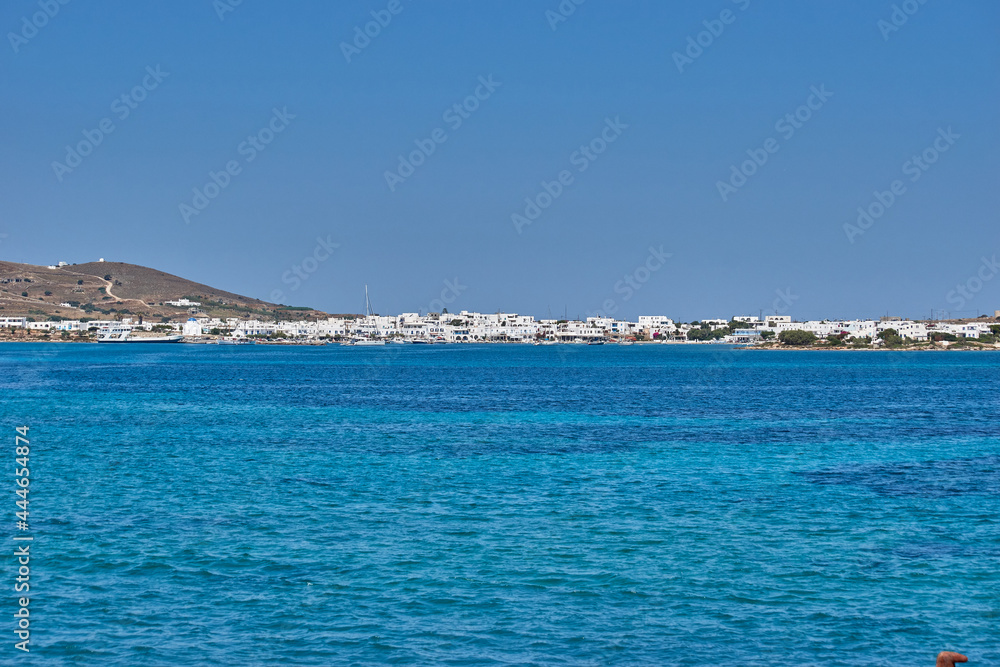 Antiparos island, Greece - June 2017: Beautiful seascape view travelling to Antiparos island as the boat approaches the port. Panoramic summer scenery in Greece at Antiparos island, Cyclades, Greece Antiparos island, Greece - June 2017: Beautiful seascape view travelling to Antiparos island as the boat approaches the port. Panoramic summer scenery in Greece at Antiparos island, Cyclades, Greece