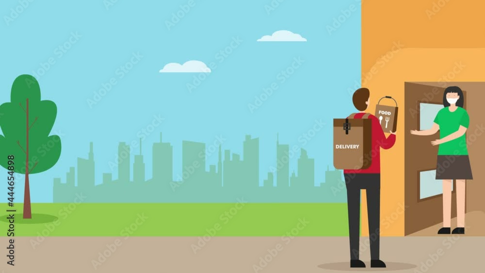 Male courier delivering food to customer Male courier delivering food to customer