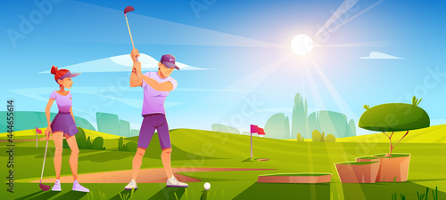 Golfers playing golf on green field hitting ball with club on nature course landscape background with red flag, sand bunker and trees under blue sunny sky. Sport tournament cartoon vector illustration