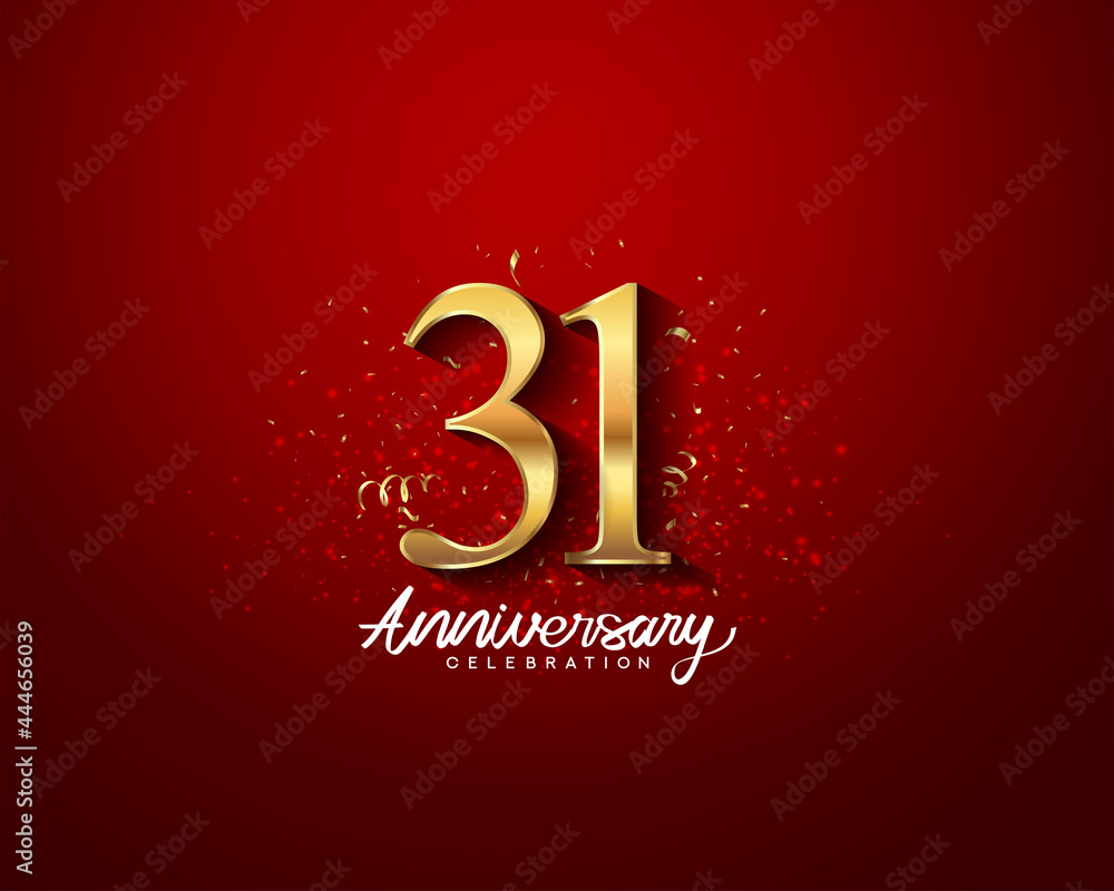 31st anniversary background with 3D number illustration golden numbers and Anniversary Celebration text with golden confetti on red background.