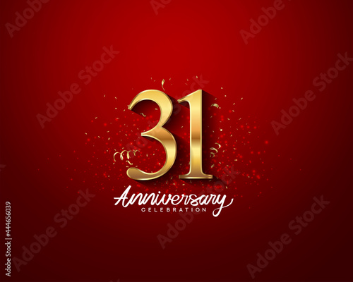 31st anniversary background with 3D number illustration golden numbers and Anniversary Celebration text with golden confetti on red background.
