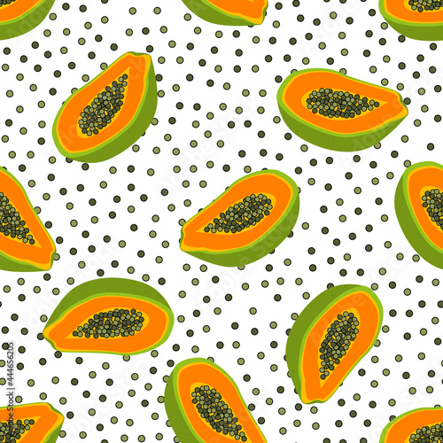 Papaya pattern. Seamless pattern of exotic and tropical fruits, abstraction form, for fabric and textile. Decorative pattern of half papaya orange fetus for design decoration. Vector illustration.