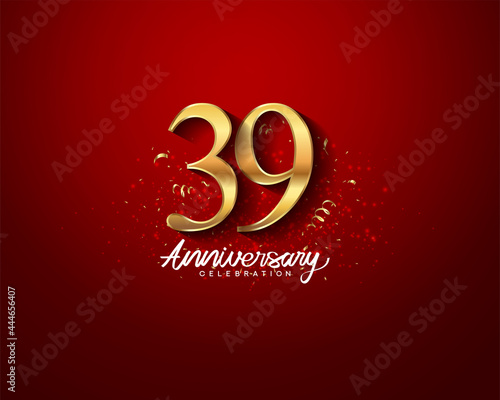 39th anniversary background with 3D number illustration golden numbers and Anniversary Celebration text with golden confetti on red background.