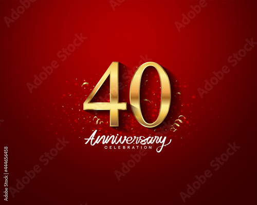 40th anniversary background with 3D number illustration golden numbers and Anniversary Celebration text with golden confetti on red background.