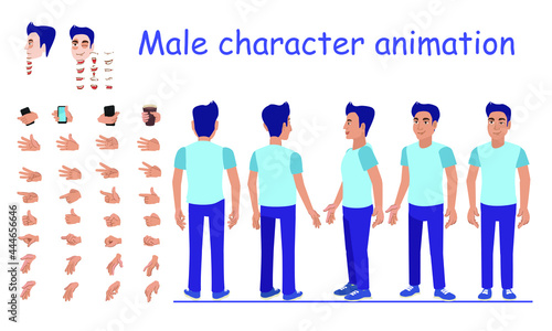Male character animation. Body parts, hands position and facial expressions. Character key frames to create your own animation.