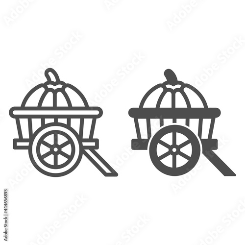Pumpkin in cart line and solid icon, vegetable crop concept, pumpkin in wagon vector sign on white background, outline style icon for mobile concept and web design. Vector graphics.
