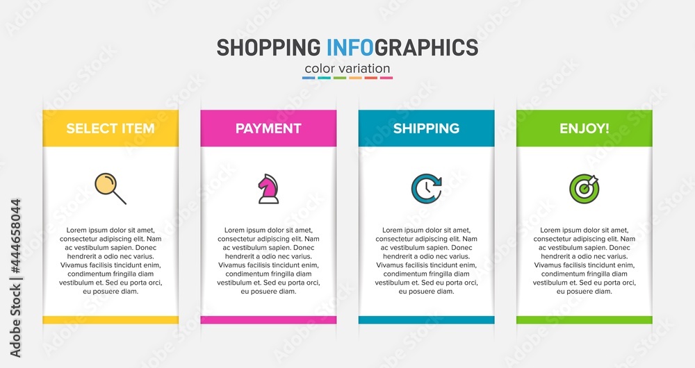 Concept of shopping process with 4 successive steps. Four colorful graphic elements. Timeline design for brochure, presentation, web site. Infographic design layout.