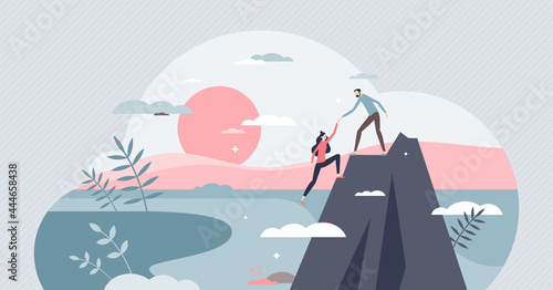 Trust as confidence in partner support and reliability tiny person concept. Reliance and belief in loyal attitude and respect for responsibility vector illustration. Giving hand in difficult situation photo