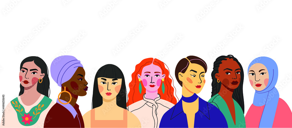 Multi-ethnic women. A group of beautiful women with different beauty, hair and skin color. The concept of women, femininity, diversity, independence and equality. Vector illustration. Multi-ethnic women. A group of beautiful women with different beauty, hair and skin color. The concept of women, femininity, diversity, independence and equality. Vector illustration.