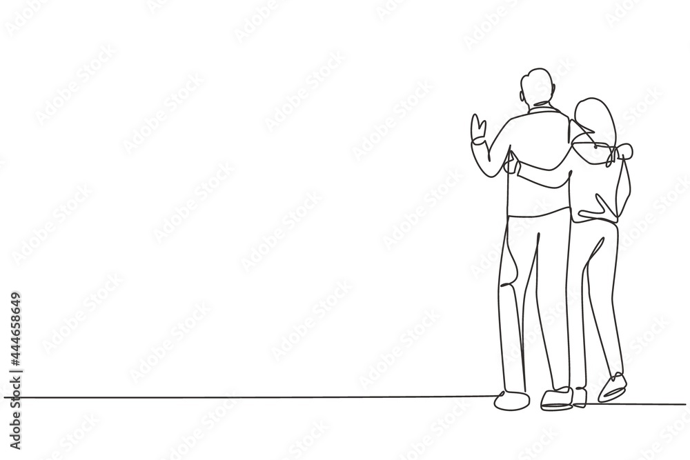Continuous one line drawing romantic couple holding shoulders warmly. Togetherness of husband and wife after wedding day. Happy family concept. Single line draw design vector graphic illustration