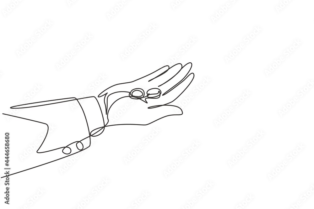 Single one line drawing groom holding two wedding rings on his hand. Groom's gift for bride on their special day. Marriage celebration. Modern continuous line draw design graphic vector illustration Single one line drawing groom holding two wedding rings on his hand. Groom's gift for bride on their special day. Marriage celebration. Modern continuous line draw design graphic vector illustration