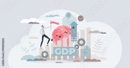 Gross domestic product or GDP as country financial rating tiny person concept. Macroeconomic term for potential national budget earnings vector illustration. Growing annual export incomes and profit.