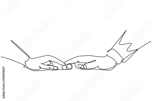 Continuous one line drawing bride and groom touching rings by finger. Bride and groom make vow of loyalty on their wedding day. Marriage celebration. Single line design vector graphic illustration