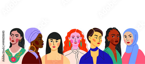 Multi-ethnic women. A group of beautiful women with different beauty, hair and skin color. The concept of women, femininity, diversity, independence and equality. Vector illustration. 